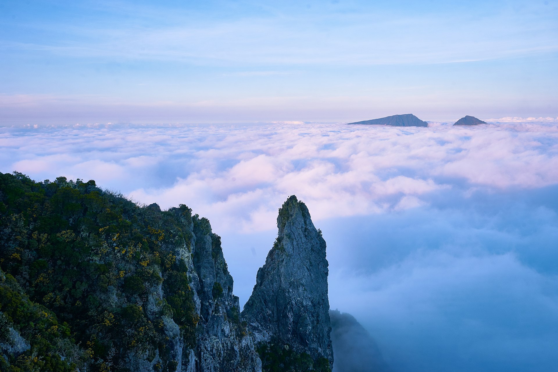 Reunion Island tropical landscape with mountains and ocean